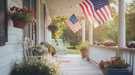American flag bunting on white porch with flower pots.