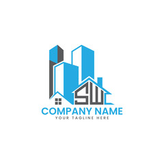 Fototapeta premium Modern Real Estate Logo Design – Blue Building Icon Template for Construction or Property Business