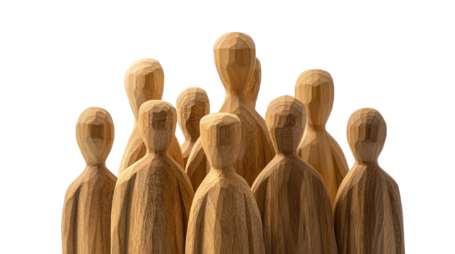 Wooden human statue standing isolated on transparent background. PNG
