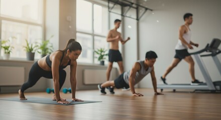 Obraz premium Achieve Your Fitness Goals Diverse Group Workout Session in Modern Gym