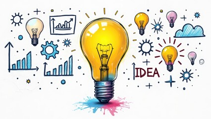 Bright Idea Concept: Light Bulb with Business Graphs and Doodles, Creative Innovation, Brainstorming Solutions