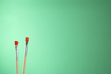 Two brushes with color paints on light green background, closeup. Space for text