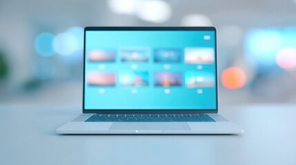 create image featuring laptop screen displaying interactive presentation interface with vibrant digital slides