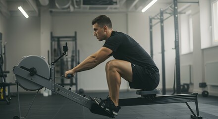Fototapeta premium Man Performing Intense Rowing Workout in Modern Gym Fitness, Strength, and Endurance Training