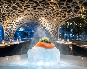 Ethereal raw fish dish resting an ice sculpture with mist rising from below and soft blue light radiating set in an underwater themed dining space