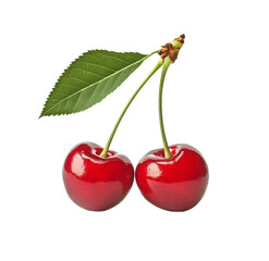 A pair of vibrant red cherries with glossy surfaces and green leaves, isolated on a white background, ideal for culinary presentations or health-related content
