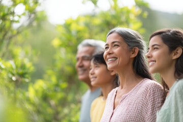 Obraz premium happy multigenerational family enjoying sunny day outdoors surrounded by vibrant greenery with blurred silhouettes