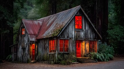 deep in the woods with unnatural red light seeping through the cracks