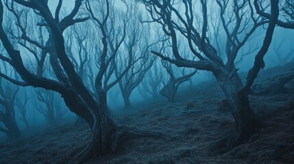 Eerie, fog-shrouded forest with gnarled, leafless trees on a sloping hillside