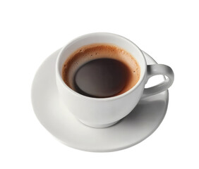 Obraz premium A steaming cup of black coffee sits elegantly on a white saucer, surrounded by a soft, blurred background that hints at a cozy café atmosphere, ideal for morning rituals or relaxation