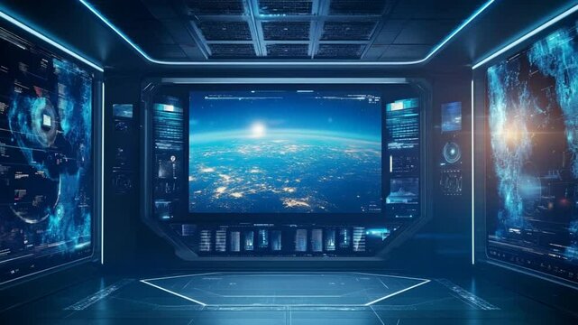 Futuristic spaceship interior with Earth view for technology and science fiction themes
