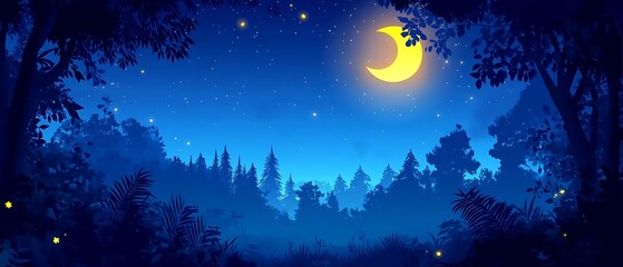 Moonlit forest night, fireflies, calm
