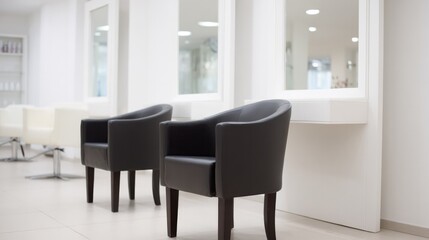 minimalistic beauty salon interior showcasing elegant styling chairs against backdrop of sleek mirrors with ample copy
