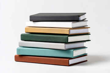 Colorful stack of notebooks and journals arranged neatly on a light background showcasing design and texture details