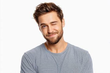 Fototapeta premium Man winks and smiles warmly against a plain background during a bright daytime setting