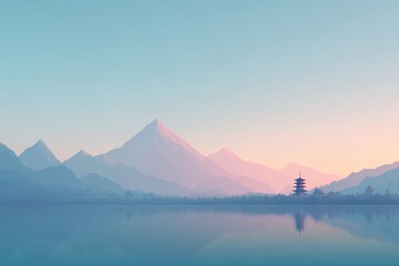 minimalistic depiction of asian architecture with focus on symmetry and cultural detail