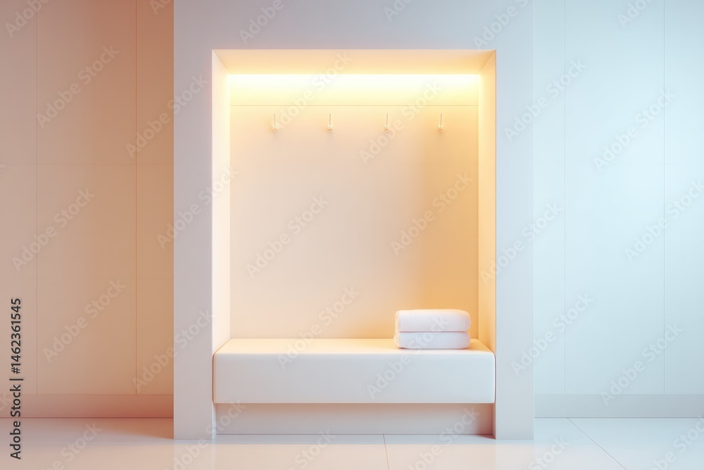 Poster minimalistic entryway with coat hooks and small bench surrounded by ample copy space