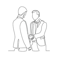 Continuous line sketch drawing of two businessman shaking hands from top view. Vector illustration editable stroke business success big deal