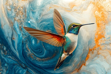 Fototapeta premium Vibrant hummingbird in a swirling abstract design.