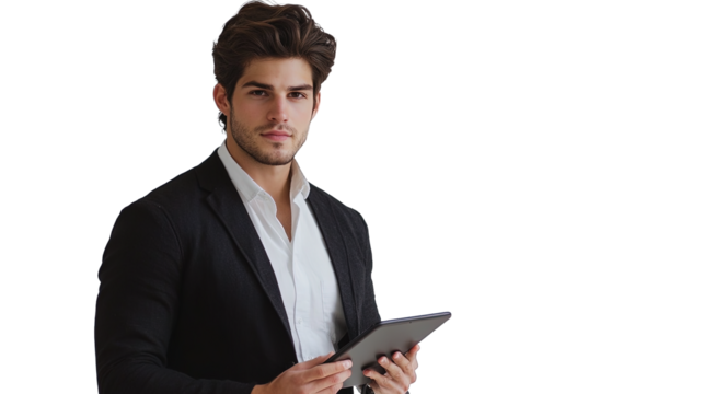 Portrait of a professional, young handsome businessman holding a tablet, isolated on white background, half body shot, relaxed