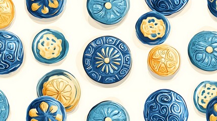 Decorative circular patterns in varying shades of blue and gold.