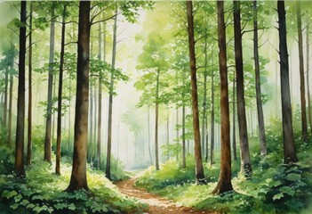 Obraz premium Draw a path in a forest with trees and grass