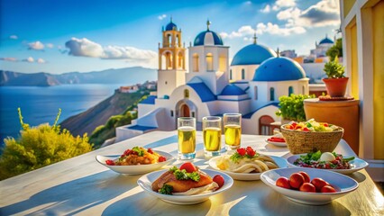 Fototapeta premium Santorini Oia Church & Cemetery: Scenic Greek Island Food Photography