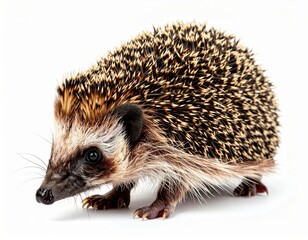 Obraz premium A small hedgehog with spiky fur stands on a white background, displaying its distinctive quills and pointed snout.