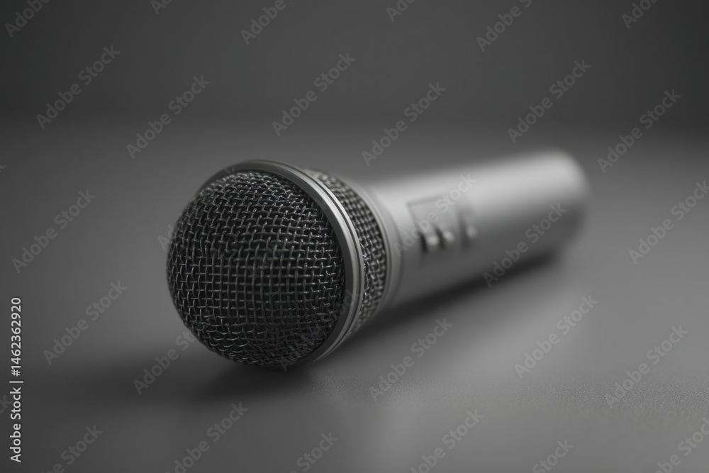 Poster minimalistic scene of karaoke microphone with buttoned controls on empty table