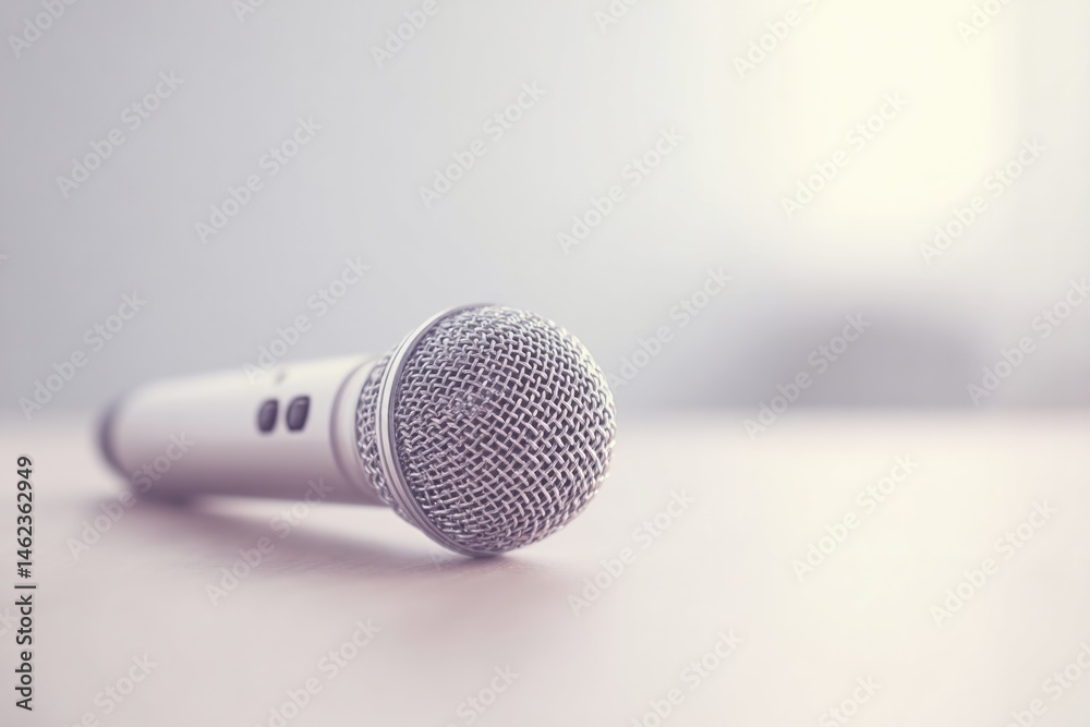 Poster minimalistic scene of karaoke microphone with buttoned controls on empty table