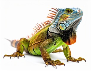 Obraz premium A colorful iguana with vibrant scales and sharp claws stands on a white background.