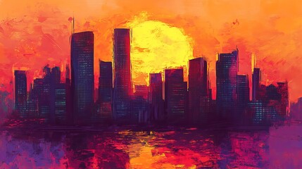 Fototapeta premium Vibrant sunset over city skyline with buildings.