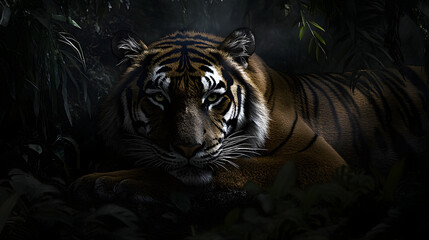 Obraz premium A lone tiger resting in a dense jungle.