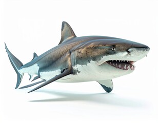 A large great white shark swims in clear water, displaying its sharp teeth and powerful body.