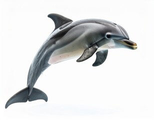 Fototapeta premium A playful dolphin leaps out of the water against a white background.