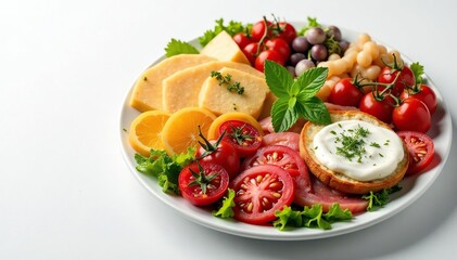 Artistically arranged Italian antipasto platter, white backdrop, italian food, cheese, table setting