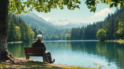 Elderly man enjoying a relaxed afternoon by the lake.