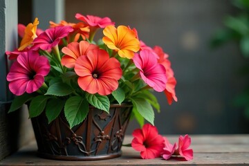 Vibrant petunias overflowing from a wrought iron basket , blossom, potted plants, colorful