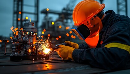 Industrial worker welding intricate metal part in a factory Sparks fly