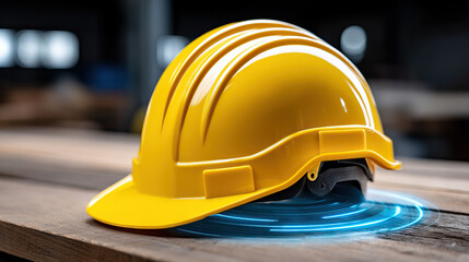 Yellow safety helmet on wooden surface with futuristic blue light circle symbolizing protection and technology