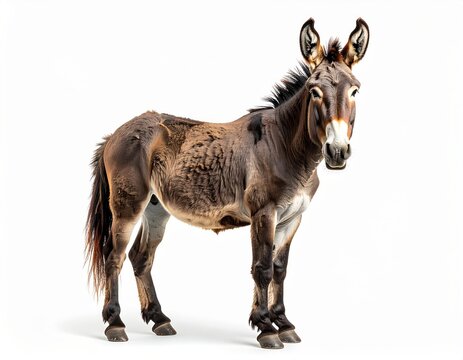 A brown mule stands upright on a white background, facing forward with alert ears and a shaggy coat.