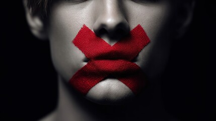 Obraz premium A person's mouth is sealed shut with red tape, conveying the idea of silenced expression.