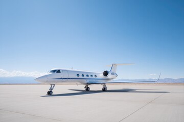 sleek private jet on vast open tarmac with minimalistic composition and expansive blue sky offering clean image aesthetics