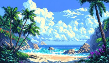 Tropical beach scene, pixel art