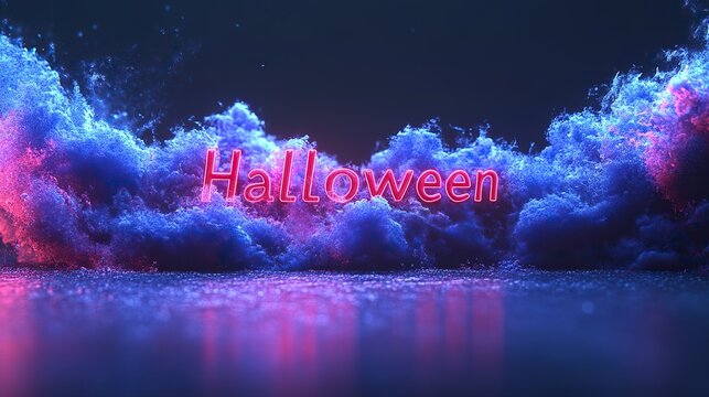 Neon 3D Halloween Typography with Multicolor Glow and Smoke Sparks: Cinematic Ultra-Wide Digital Art for Advertising, Film Concepts and Metaverse. Hyper-Realistic Rendering Featuring Depth of Field