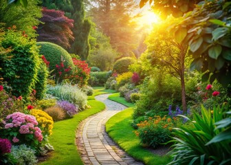 Obraz premium Serene Garden Path: Home Landscape Photography - Peaceful Backyard Walkway