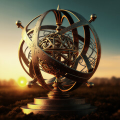 Fantasy art: astronomical bronze astrolabe on pedestal at sunset