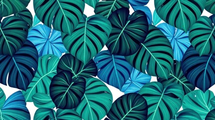 Tropical leaf pattern with vibrant teal and turquoise hues.  Detailed illustration of various monstera leaves