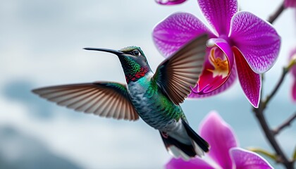 Vibrant Hummingbird Hovering Near Magenta Orchids with Iridescent Green and Red Plumage with Blurred Background Perfect for Decoration and Wildlife Print