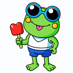 Obraz premium Cute Cartoon Frog Wearing Sunglasses Holding a Heart Shaped Popsicle